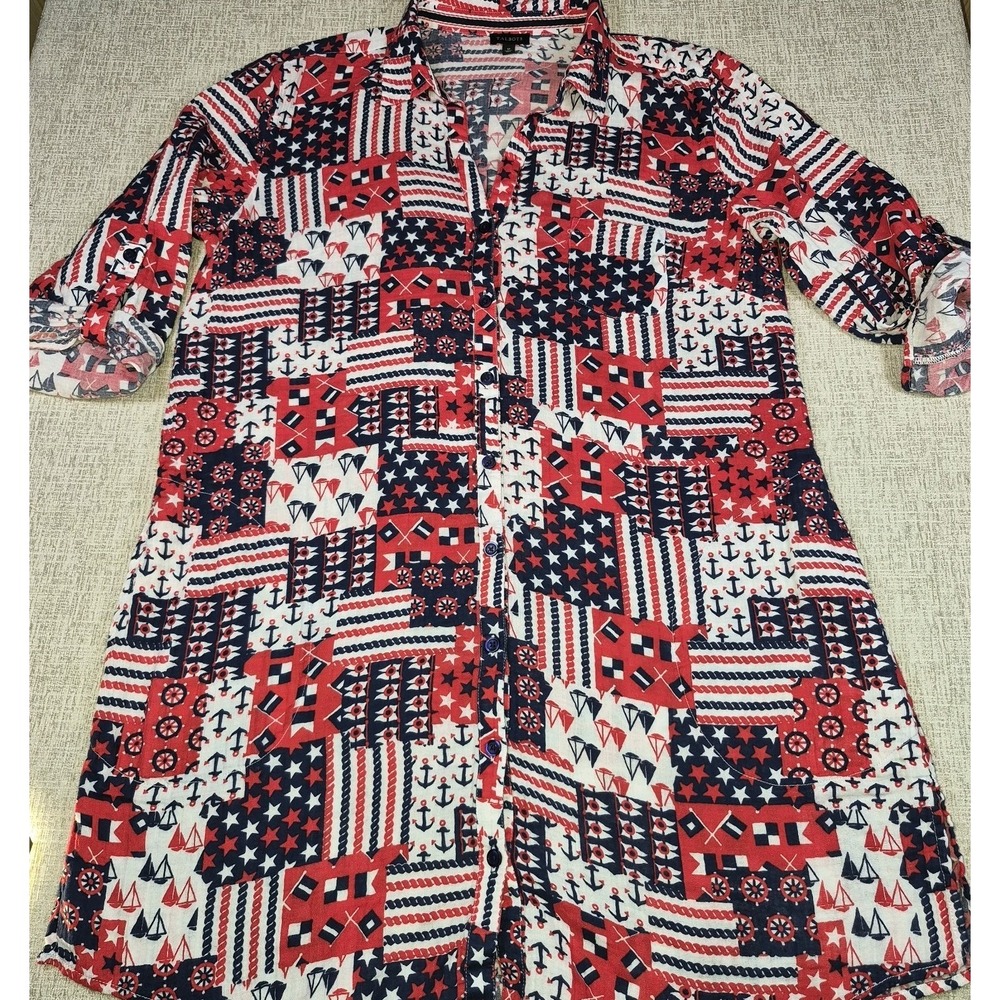 Talbots Coastal Americana Button-Up Cover Up Anchor & Star Size M
